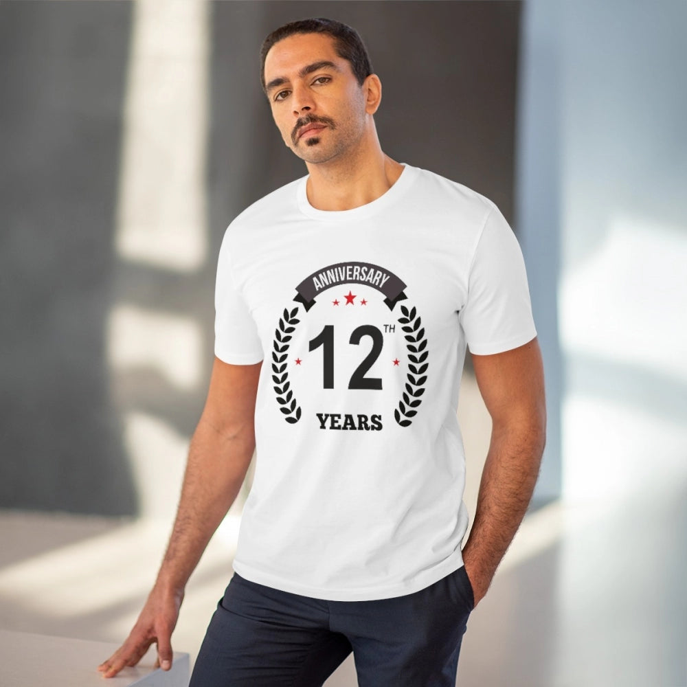Men's PC Cotton 12th Anniversary Printed T Shirt (Color: White, Thread Count: 180GSM)