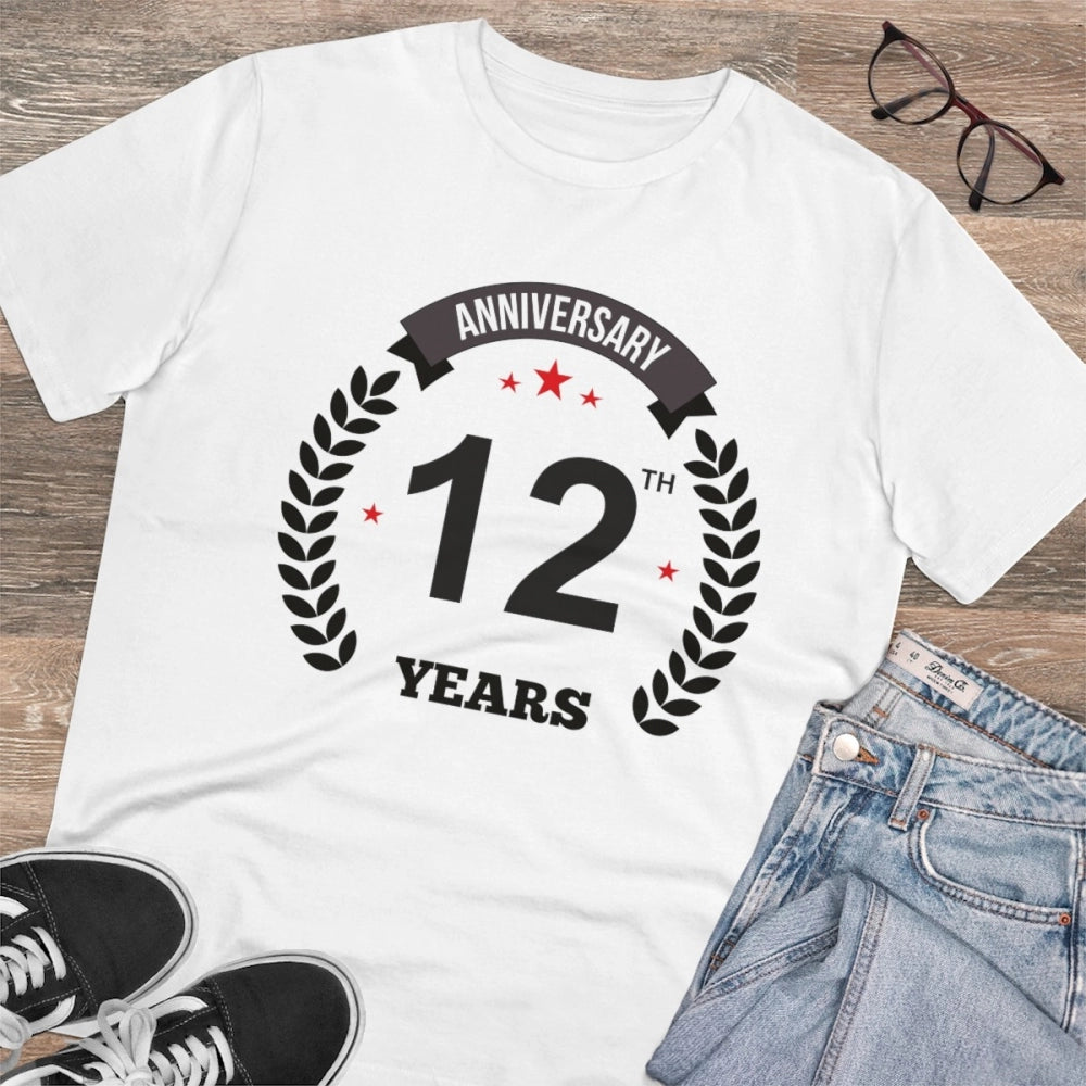 Men's PC Cotton 12th Anniversary Printed T Shirt (Color: White, Thread Count: 180GSM)