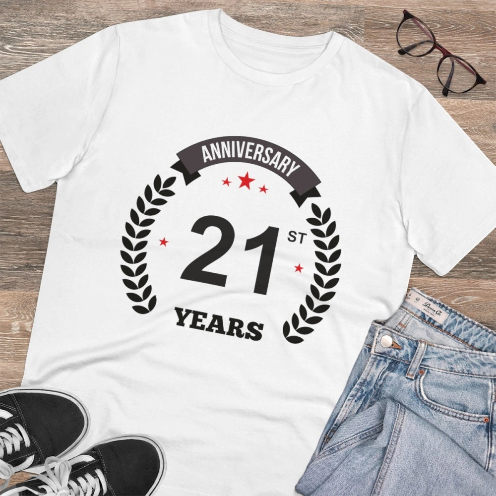 Men's PC Cotton 21st Anniversary Printed T Shirt (Color: White, Thread Count: 180GSM)