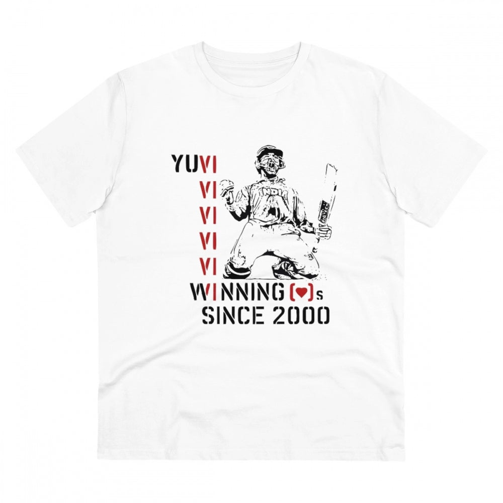 Men's PC Cotton Cricket Design Printed T Shirt (Color: White, Thread Count: 180GSM)