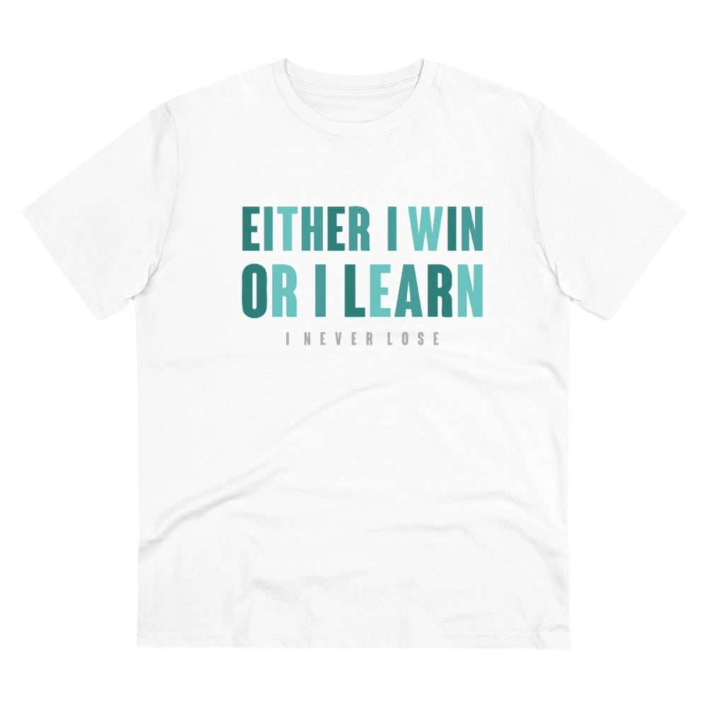 Men's PC Cotton Either I Win Or I Learn Printed T Shirt (Color: White, Thread Count: 180GSM)