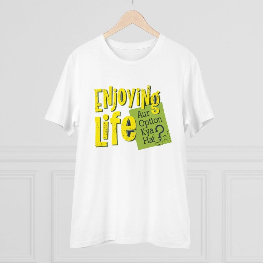 Men's PC Cotton Enjoying Life Printed T Shirt (Color: White, Thread Count: 180GSM)
