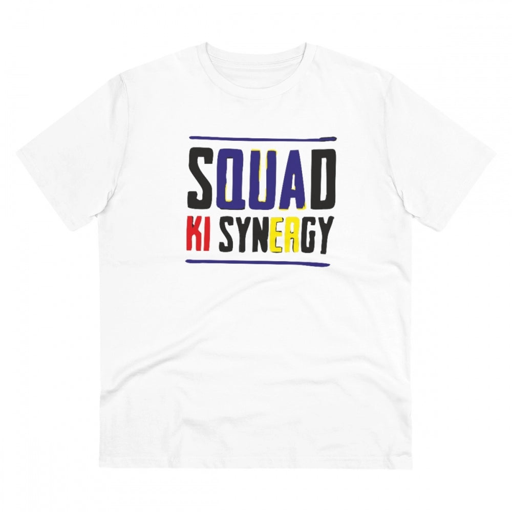 Men's PC Cotton Squed Ki Syneagy Printed T Shirt (Color: White, Thread Count: 180GSM)