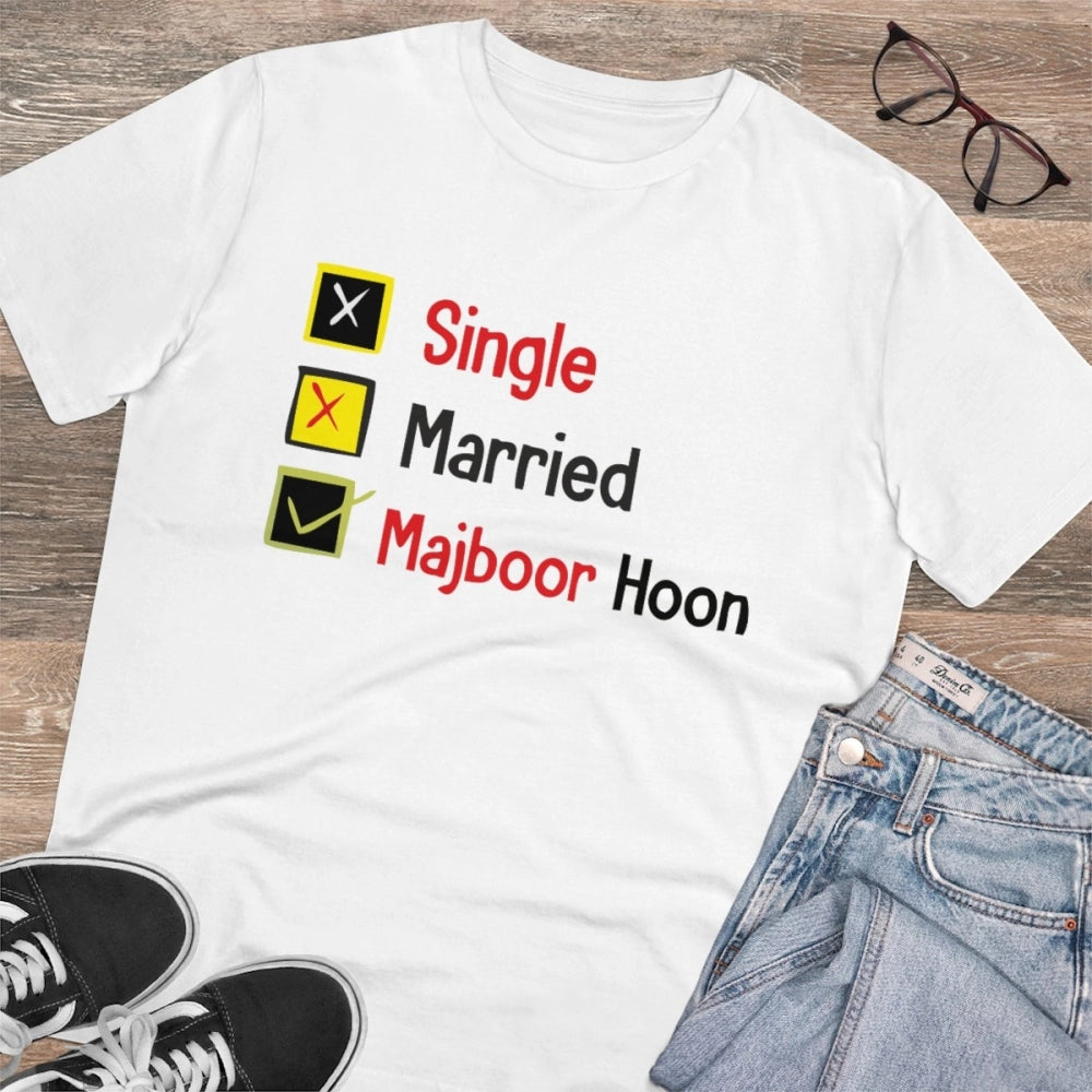 Men's PC Cotton Single Married Majbur Printed T Shirt (Color: White, Thread Count: 180GSM)