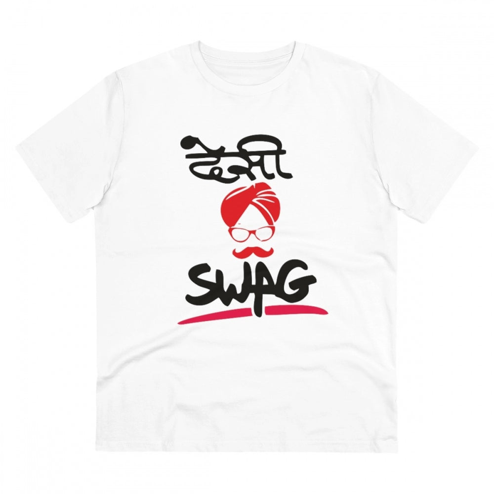 Men's PC Cotton Desi Swag Printed T Shirt (Color: White, Thread Count: 180GSM)