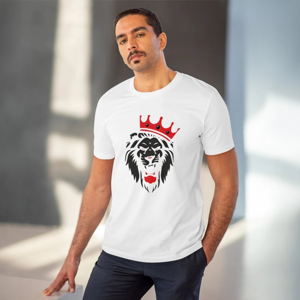 Men's PC Cotton Lion Logo Printed T Shirt (Color: White, Thread Count: 180GSM)