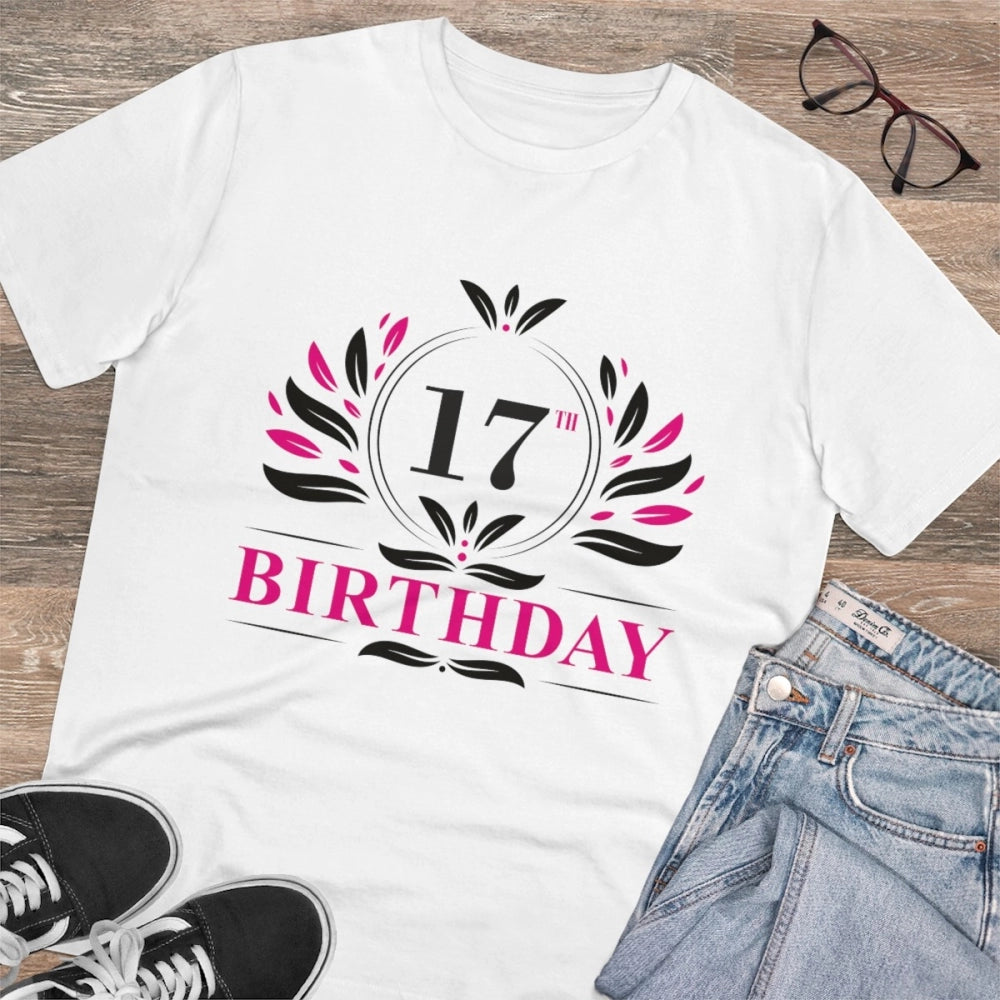 Men's PC Cotton 17th Birthday Printed T Shirt (Color: White, Thread Count: 180GSM)