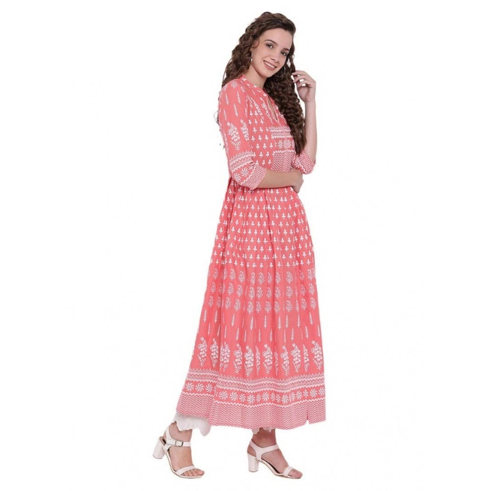 Women's Cotton Printed Regular Kurti (Peach, Cotton)