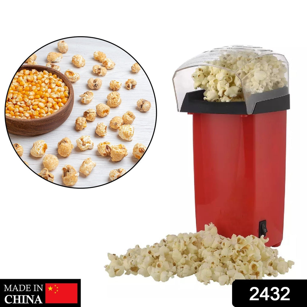 Red popcorn maker with a pile of popcorn and a circular inset of corn kernels and popped popcorn.