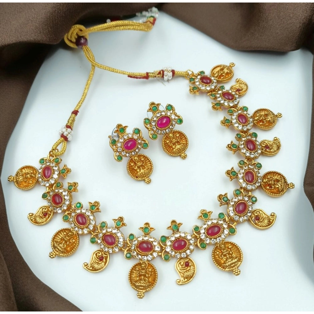 Women's Gold Plated Traditional Necklace and Earrings Set (Multi Color, Free Size)