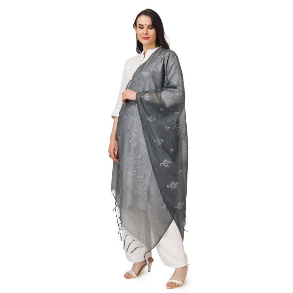 Women's Cotton Embroidered Dupatta (Grey, Length: 2.25 to 2.50 Mtr)