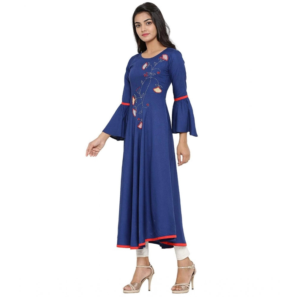 Women's Casual Bell Sleeves Embroidery Rayon Kurti (Blue)