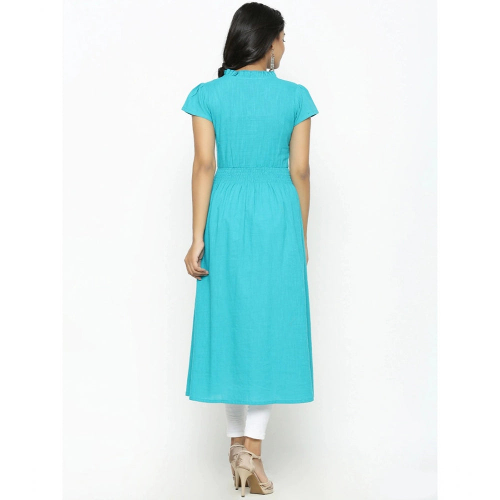 Women's Casual Short Sleeve Embroidery Cotton Slub Kurti (Torque Green)