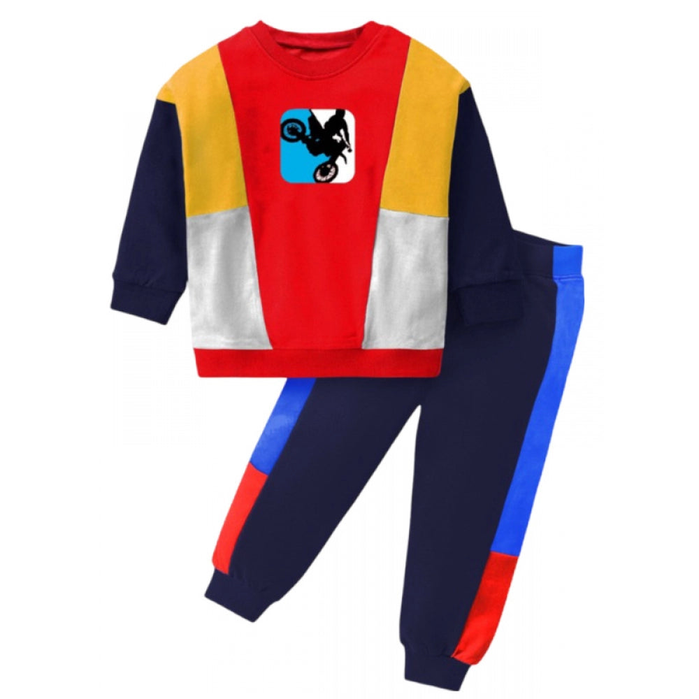 Boy's Casual Full Sleeve Printed Cotton T Shirt With Pant (Red)