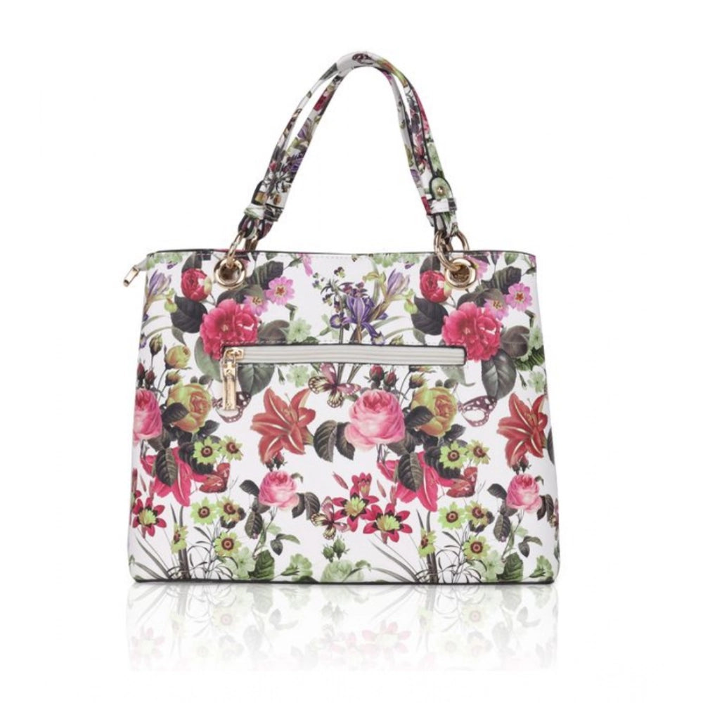 Women's Faux Leather Printed Handheld Bag (White Pink)