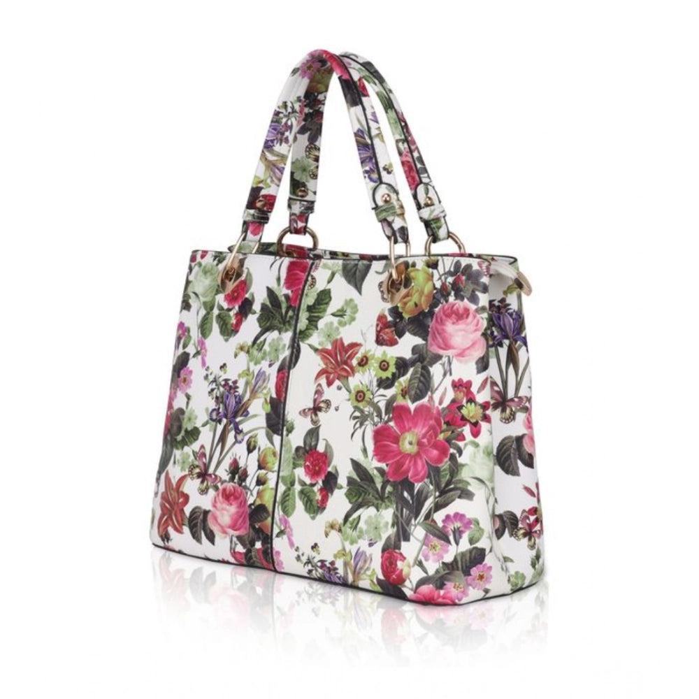 Women's Faux Leather Printed Handheld Bag (White Pink)