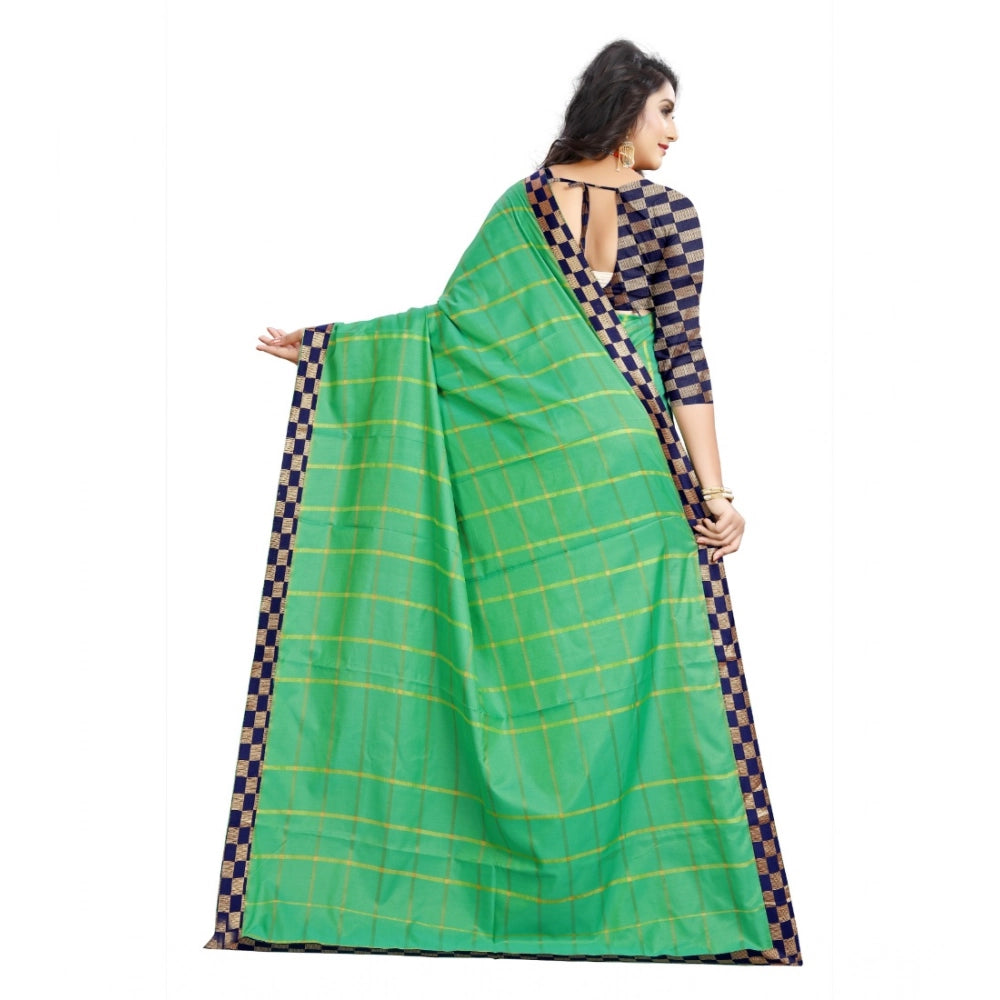 Women's Cotton Silk Checkered Saree With Unstitched Blouse 5.5Mtr (Green)