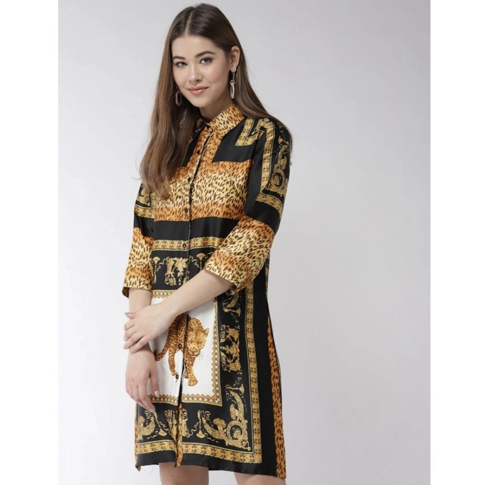 Women's Satin Animal Print 3-4th Sleeves Above Knee Dress (White - Orange)