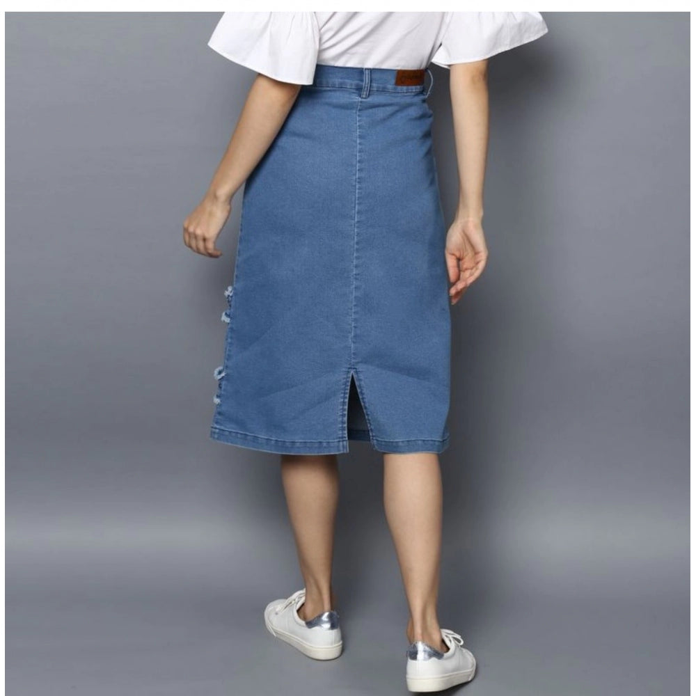 Women's Denim Washed Buttoned Skirt (Blue)