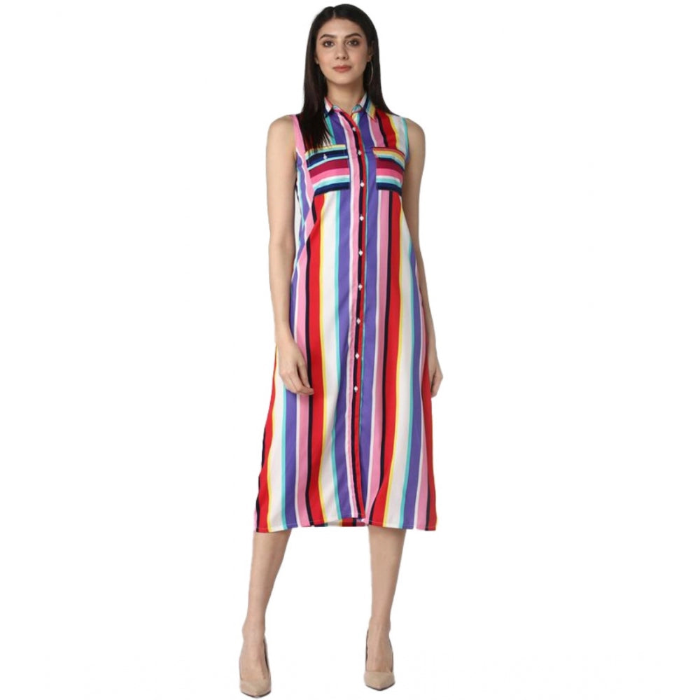 Women's Polyester Striped Sleeveless Calf-length Dress (Multicolor)