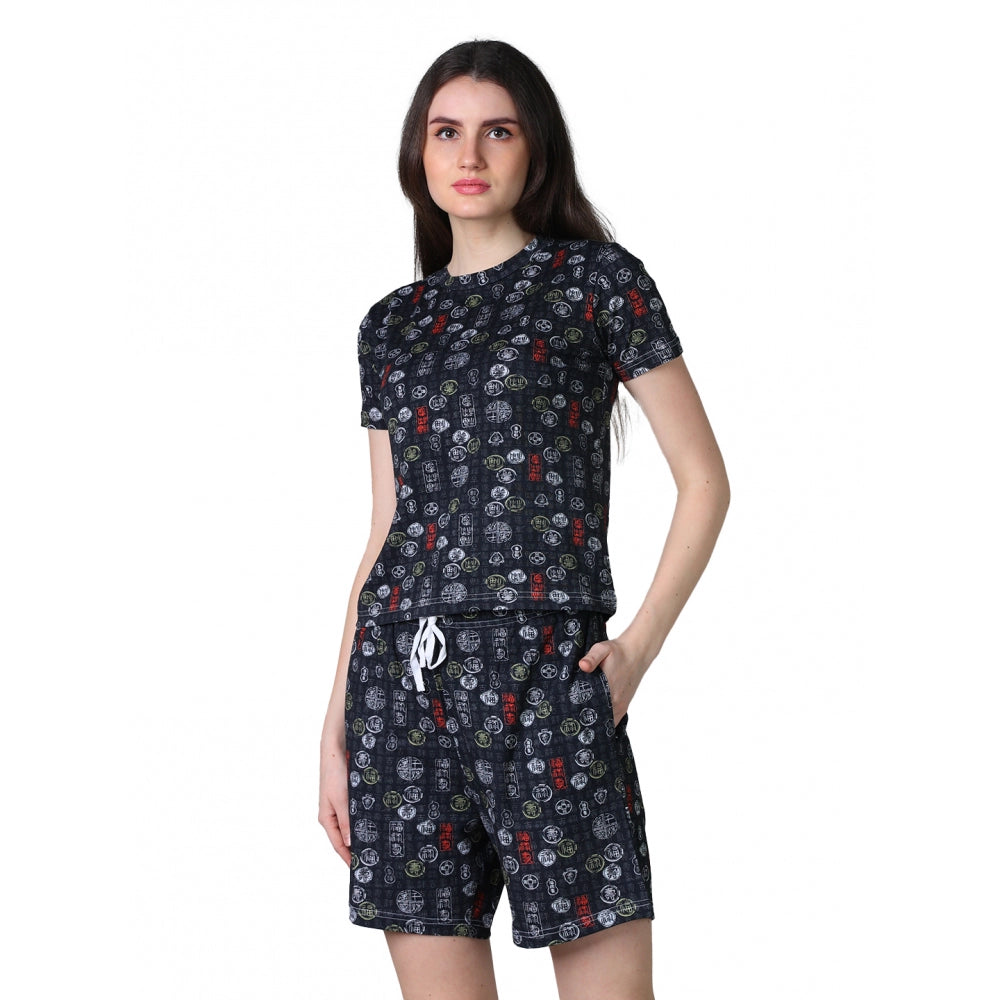 Women's Cotton Blended Printed Round Neck Half Sleeve Top - Shorts Set (Black)