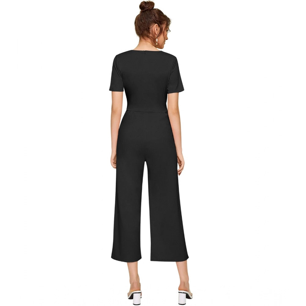Women's Knitting stretchable Solid Round Neck Cap Sleeve Jumpsuit (Black)