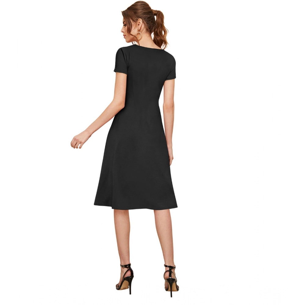 Women's Knitting stretchable Solid Round Neck Cap Sleeve Dress (Black)
