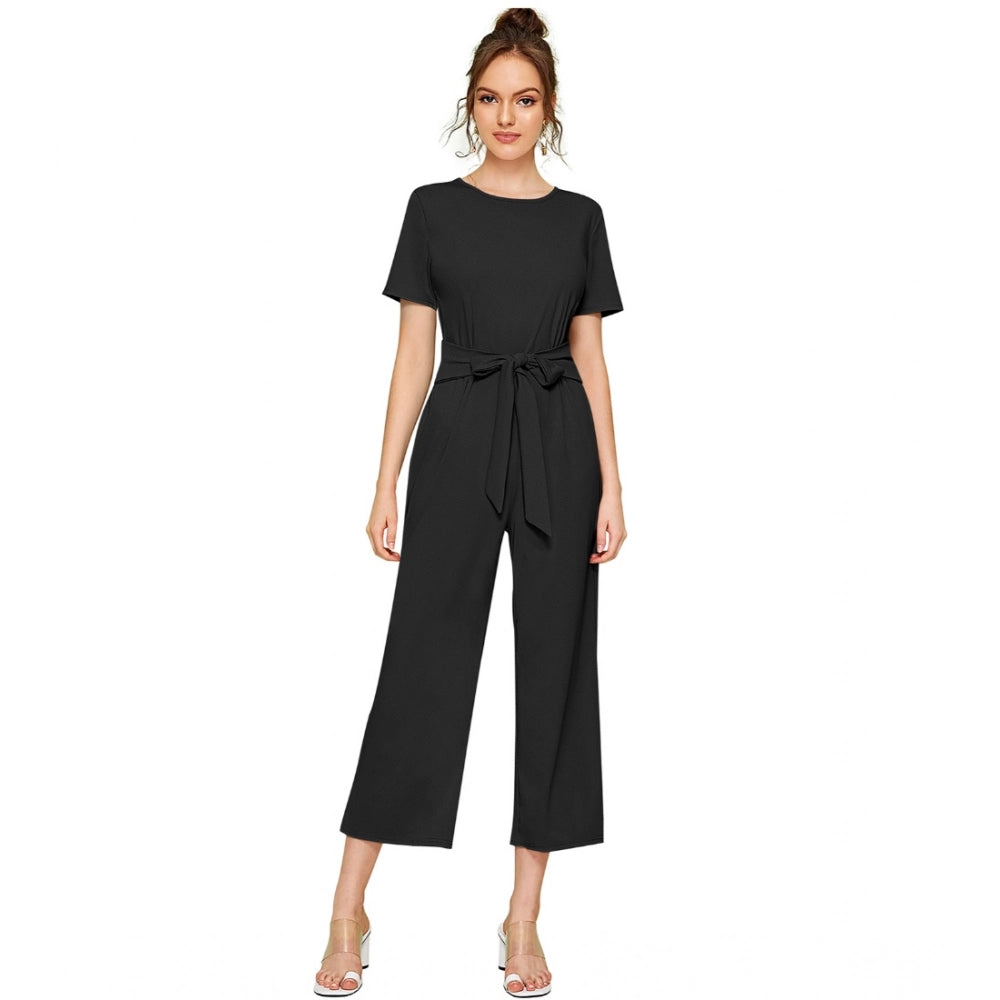 Women's Knitting stretchable Solid Round Neck Cap Sleeve Jumpsuit (Black)