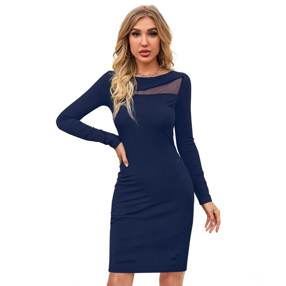 Women's Knitting stretchable Solid Round Neck Full Sleeve Dress (Blue )