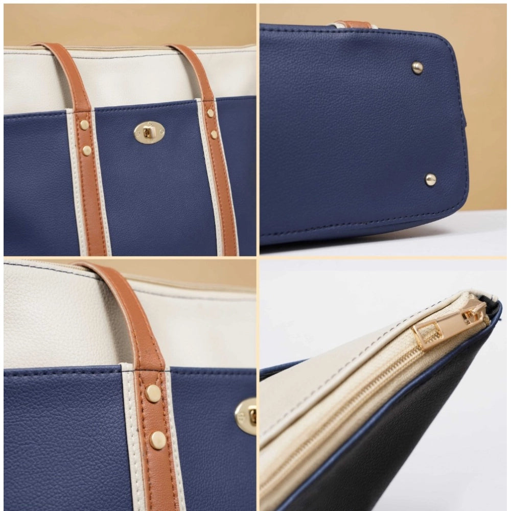 Women's Faux Leather Large Shoulder Zipper Handbag (Dark Blue)