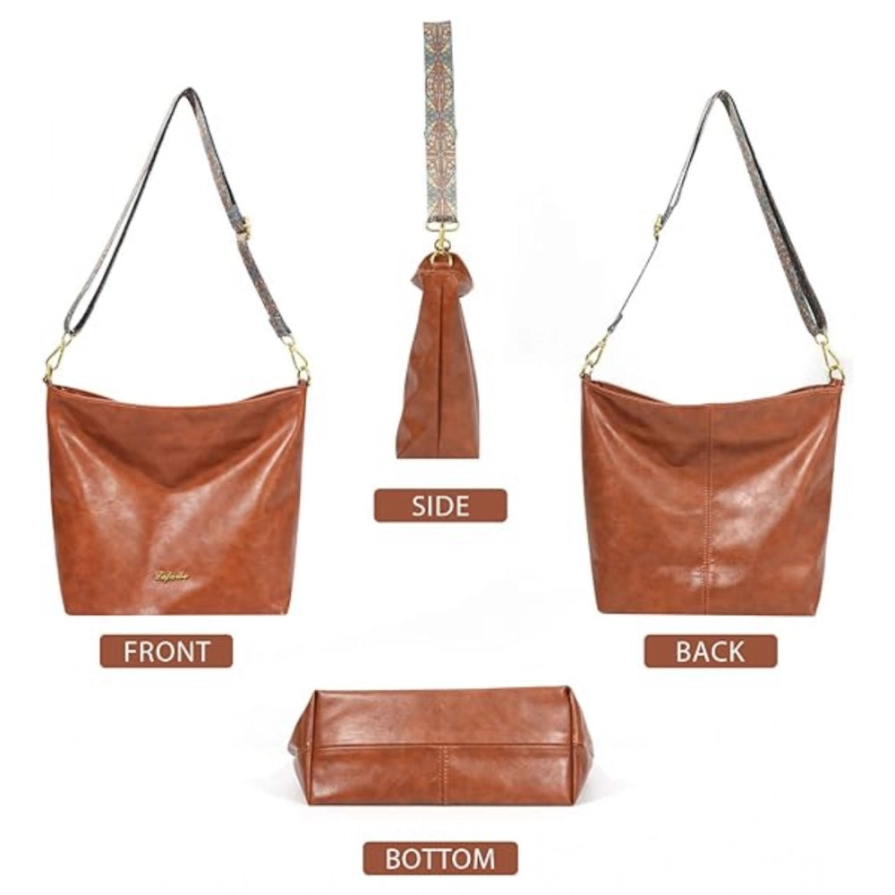 Women's PU Leather Medium Sling bag Zipper Handbag (Brown)