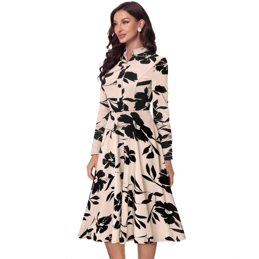 Women's Knitting Printed V-Neck Full Sleeve Dress (Cream)