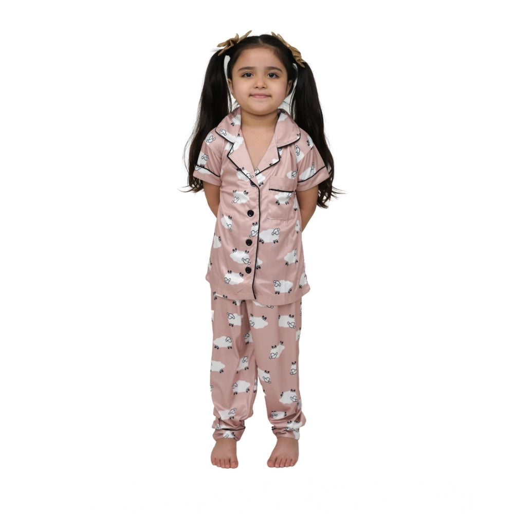 Girl's Silk Bleand Printed Short Sleeve Night Suit Set (Brown)