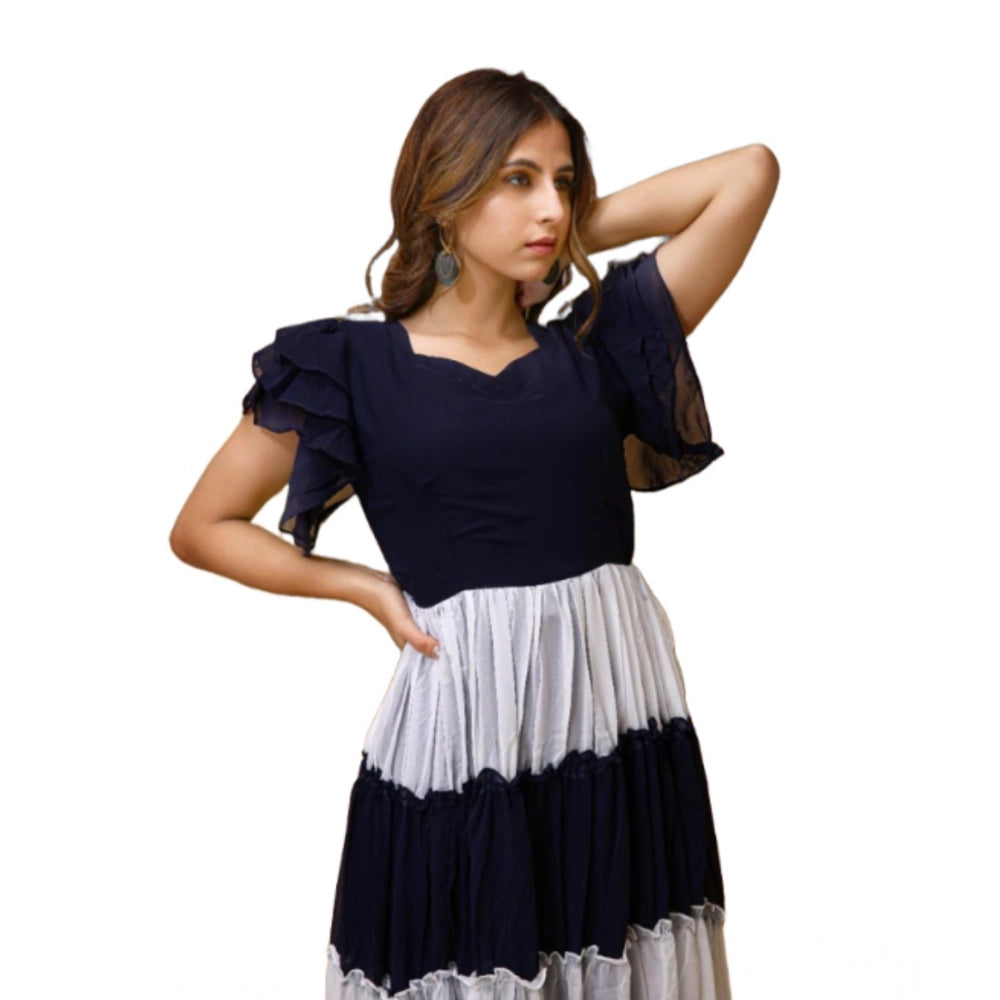 Women's Georgette Solid Half Sleeve Gown (Blue-White)
