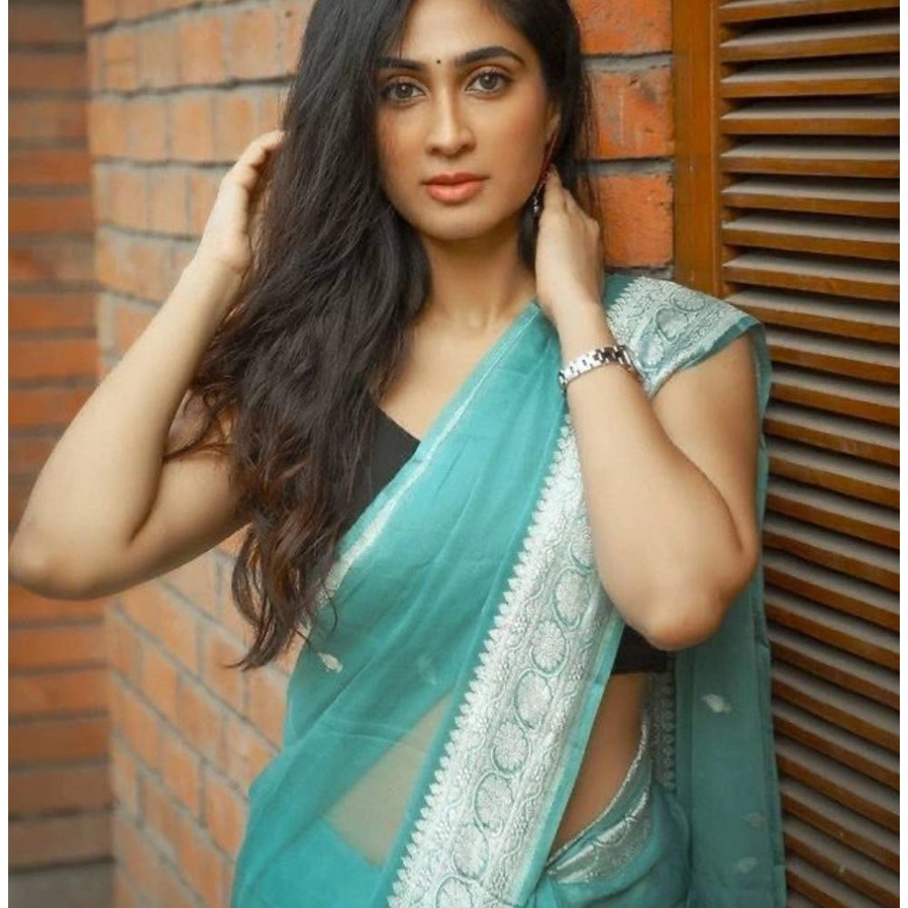 Women's Cotton  Printed Saree With Unstitched Blouse 5.5Mtr (Sky Blue)
