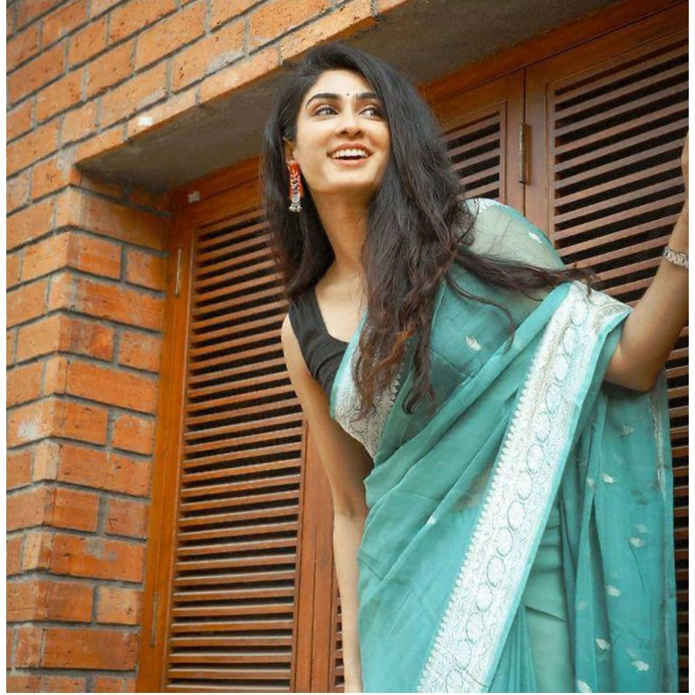 Women's Cotton  Printed Saree With Unstitched Blouse 5.5Mtr (Sky Blue)