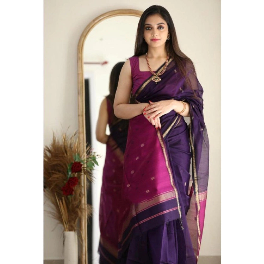 Women's Cotton  Printed Saree With Unstitched Blouse 5.5Mtr (Navy Blue)