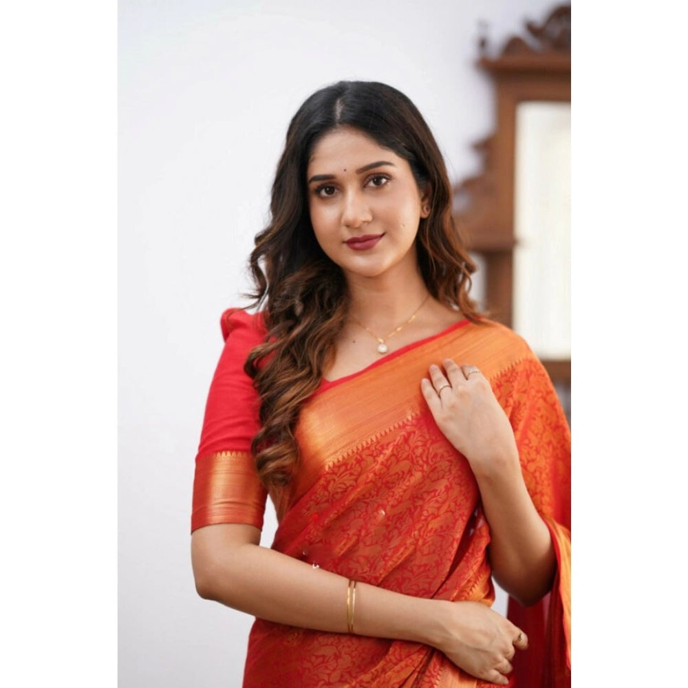 Women's Silk Printed Saree With Unstitched Blouse 5.5Mtr (Orange)