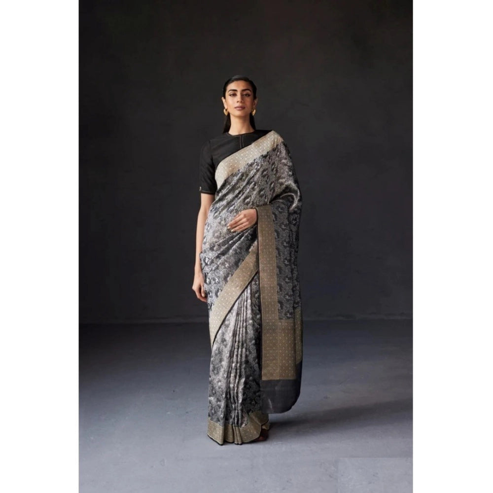 Women's Silk Printed Saree With Unstitched Blouse 5.5Mtr (Grey)