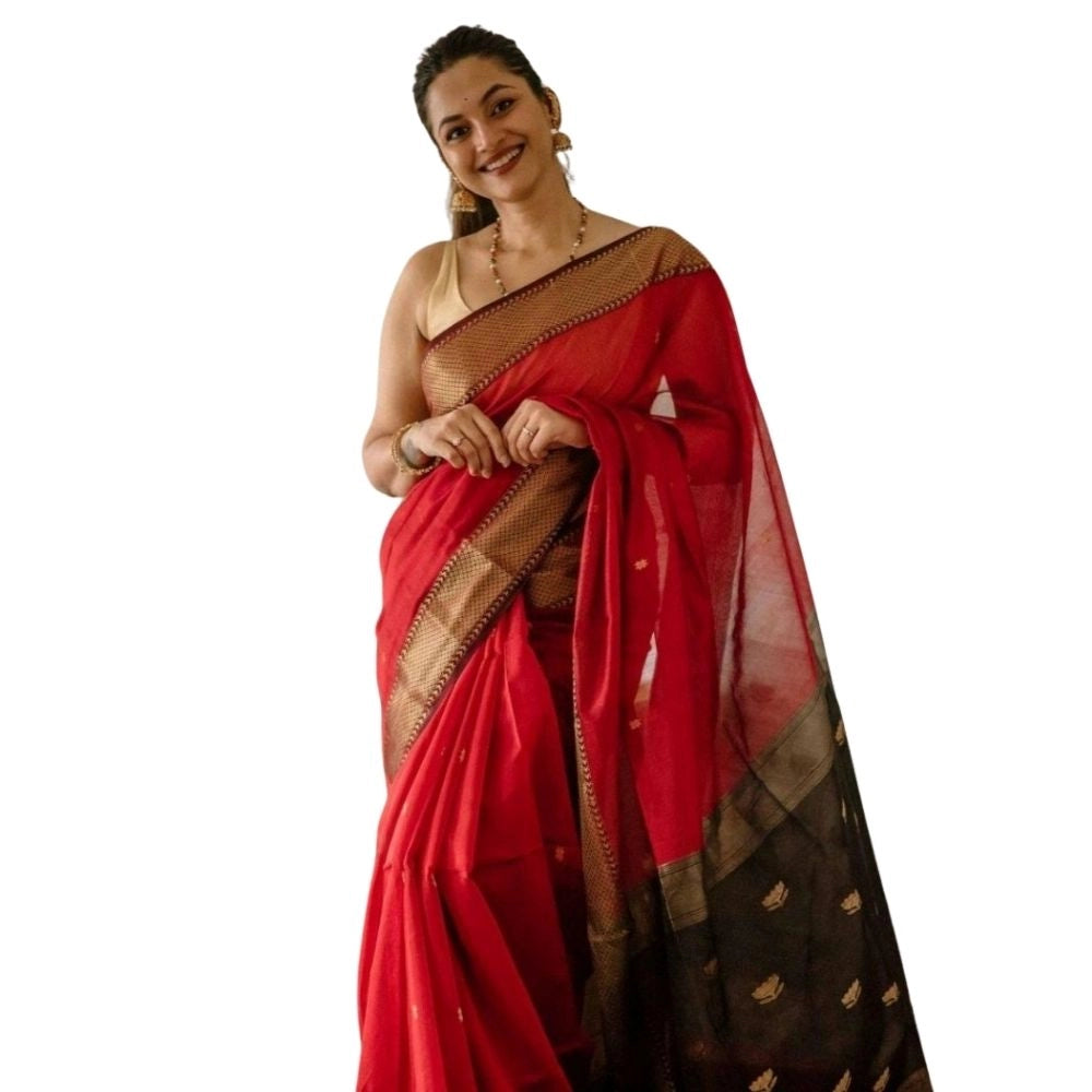 Women's Cotton  Printed Saree With Unstitched Blouse 5.5Mtr (Red)