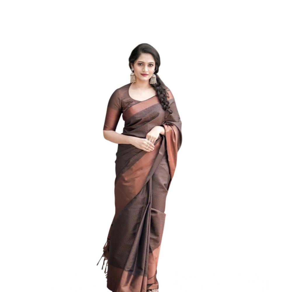 Women's Soft Lichi Silk Printed Saree With Unstitched Blouse 5.5Mtr (Brown)