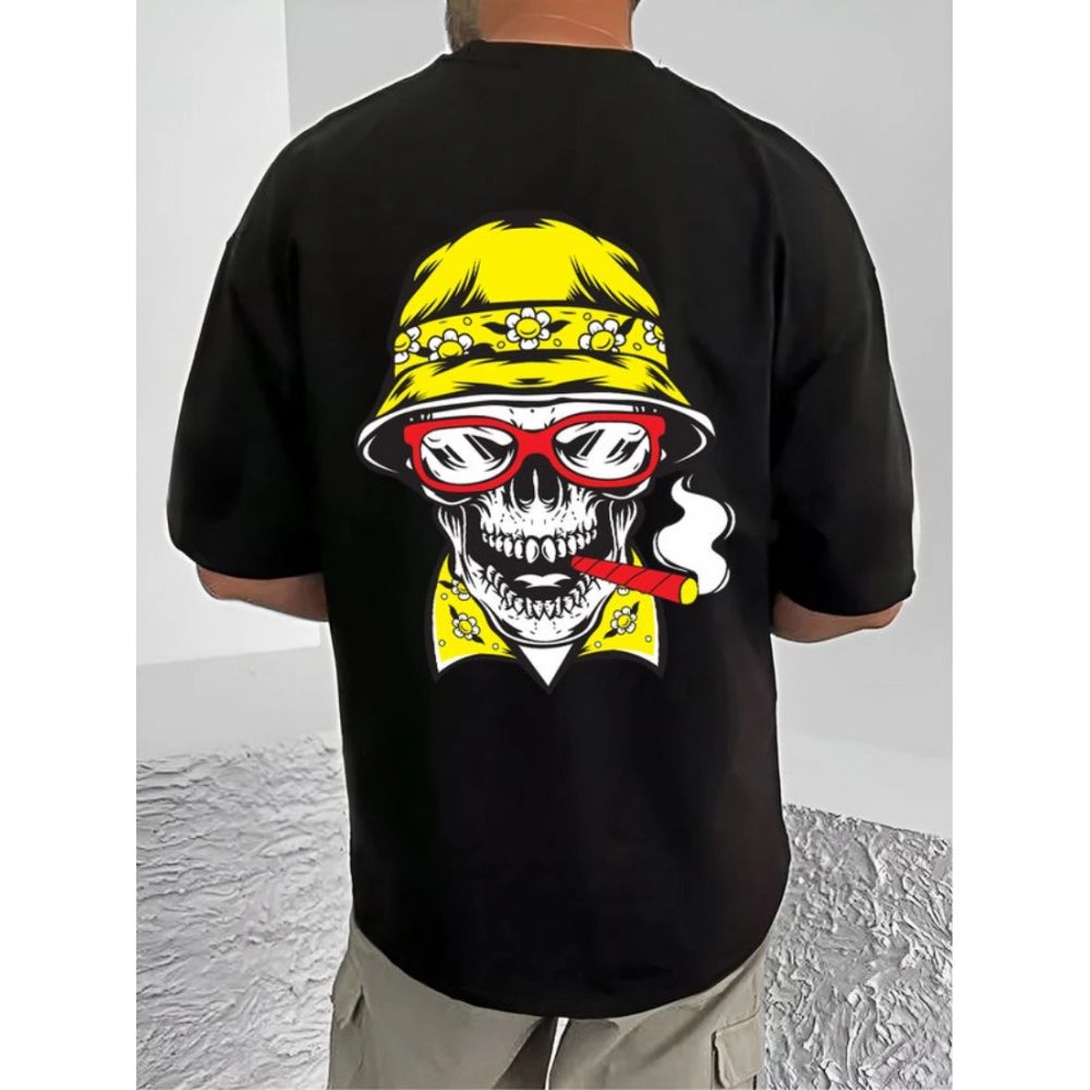 Men's Casual Cotton Blend Printed Round Neck Half Sleeve T-Shirt (Black)