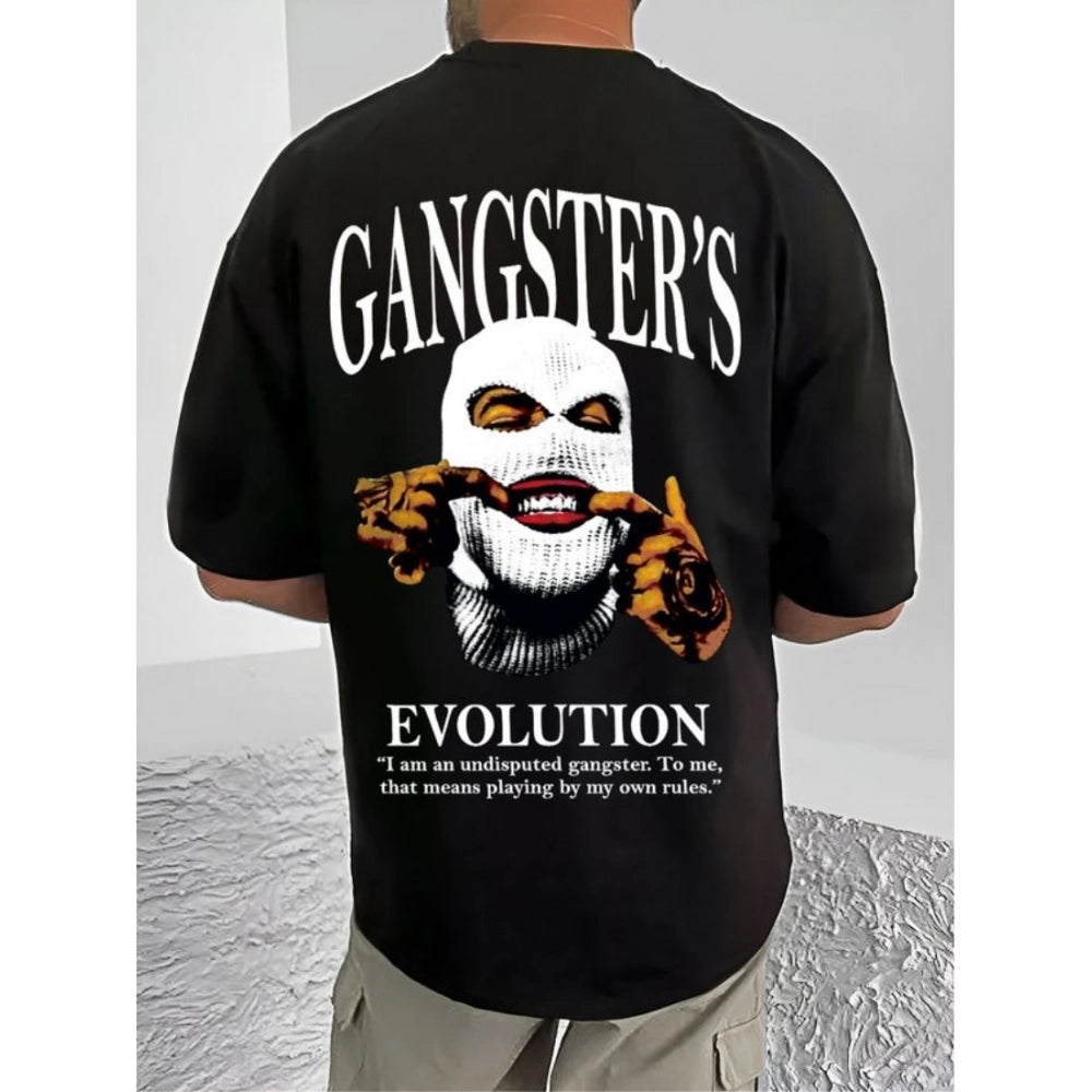 Men's Casual Cotton Blend Printed Round Neck Half Sleeve T-Shirt (Black)