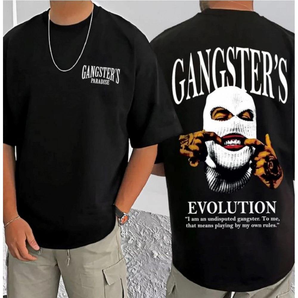 Men's Casual Cotton Blend Printed Round Neck Half Sleeve T-Shirt (Black)