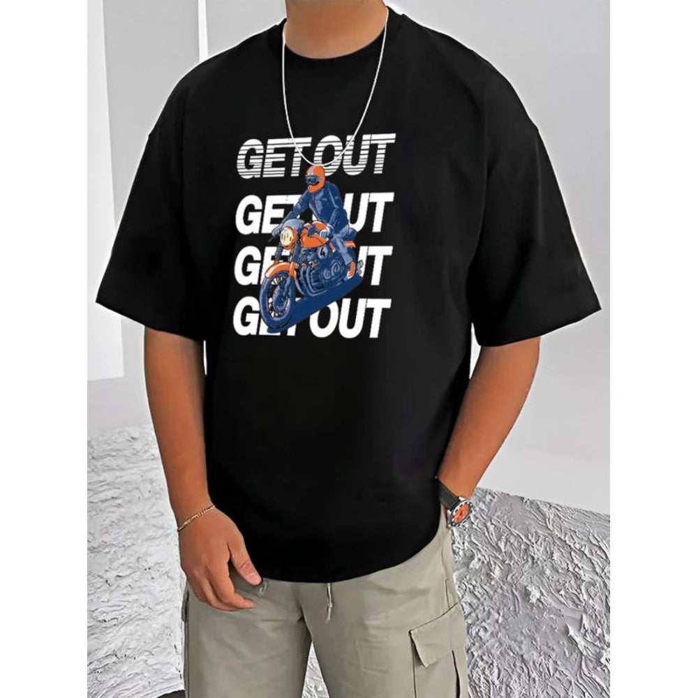 Men's Casual Cotton Blend Printed Round Neck Half Sleeve T-Shirt (Black)