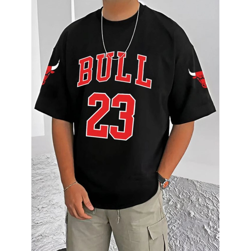 Men's Casual Cotton Blend Printed Round Neck Half Sleeve T-Shirt (Black)