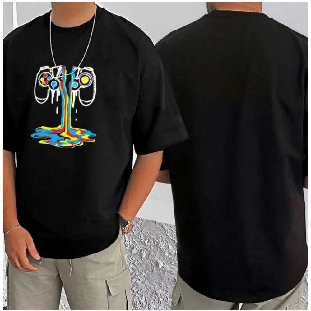Men's Casual Cotton Blend Printed Round Neck Half Sleeve T-Shirt (Black)