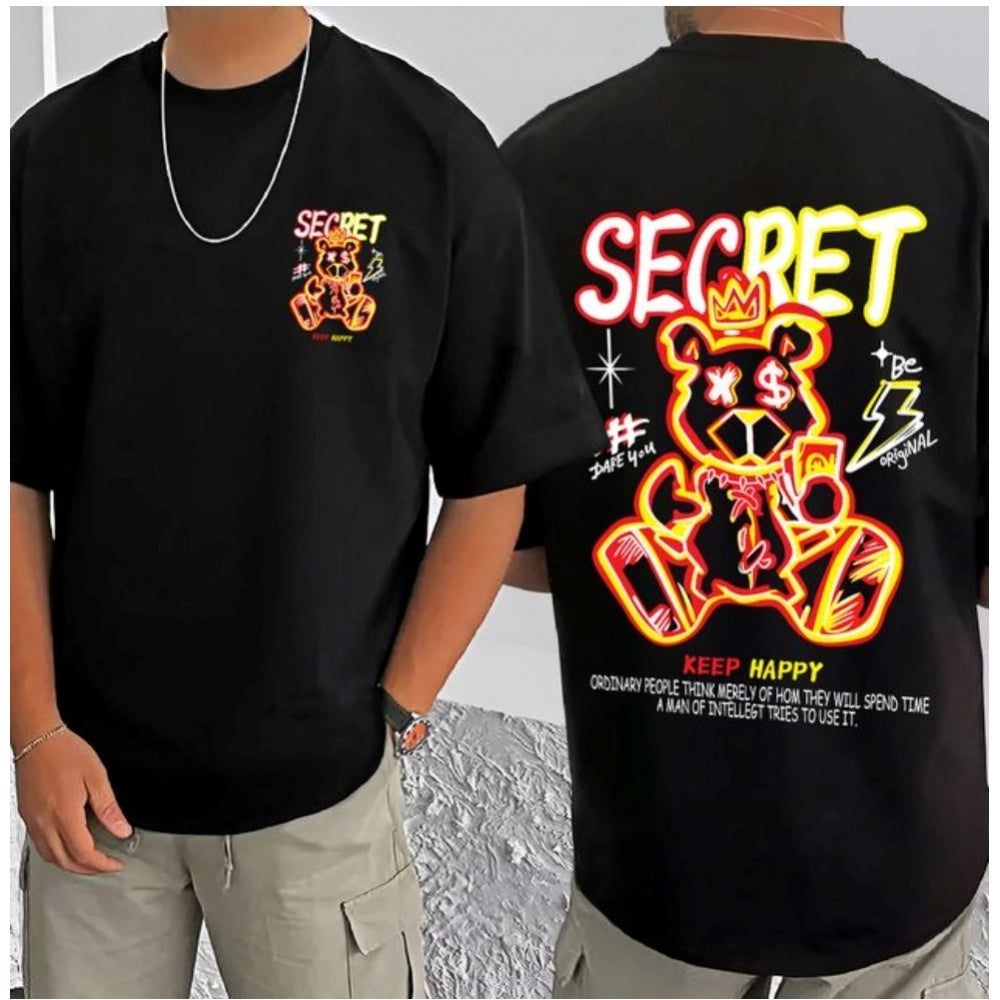 Men's Casual Cotton Blend Printed Round Neck Half Sleeve T-Shirt (Black)