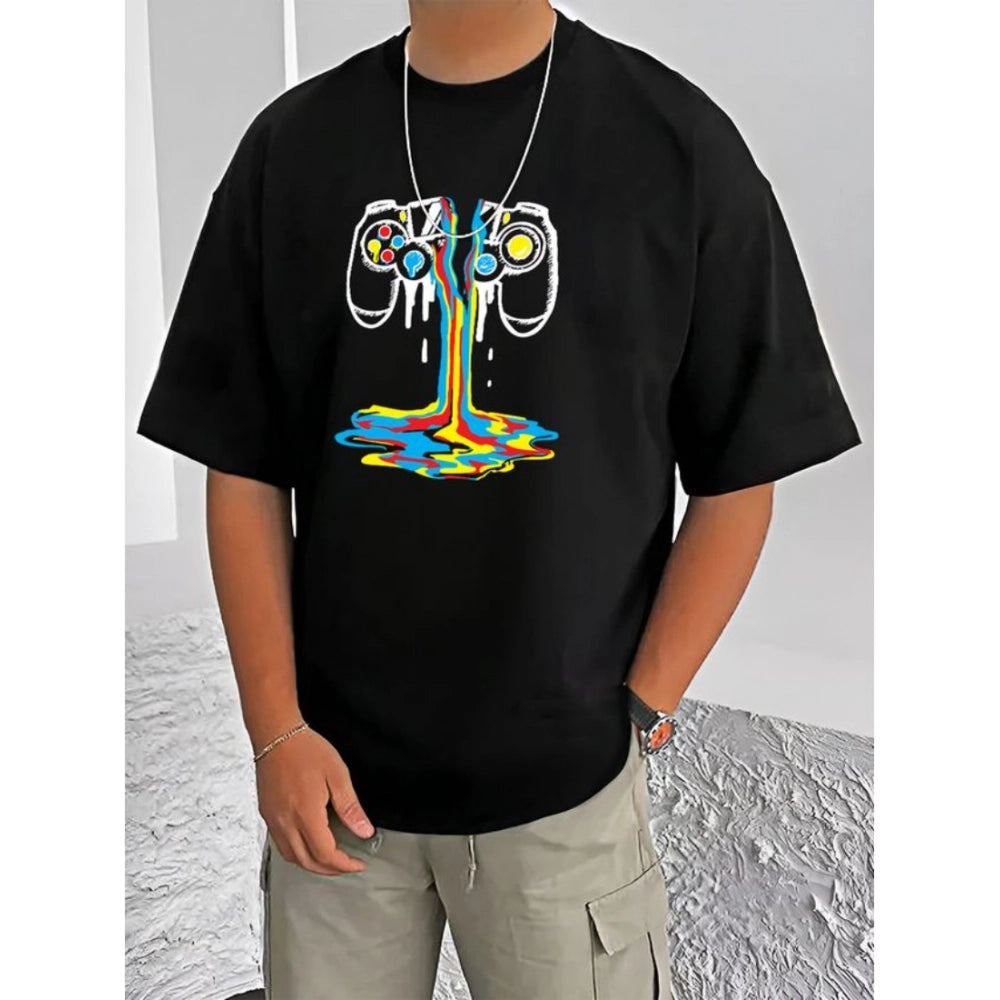 Men's Casual Cotton Blend Printed Round Neck Half Sleeve T-Shirt (Black)