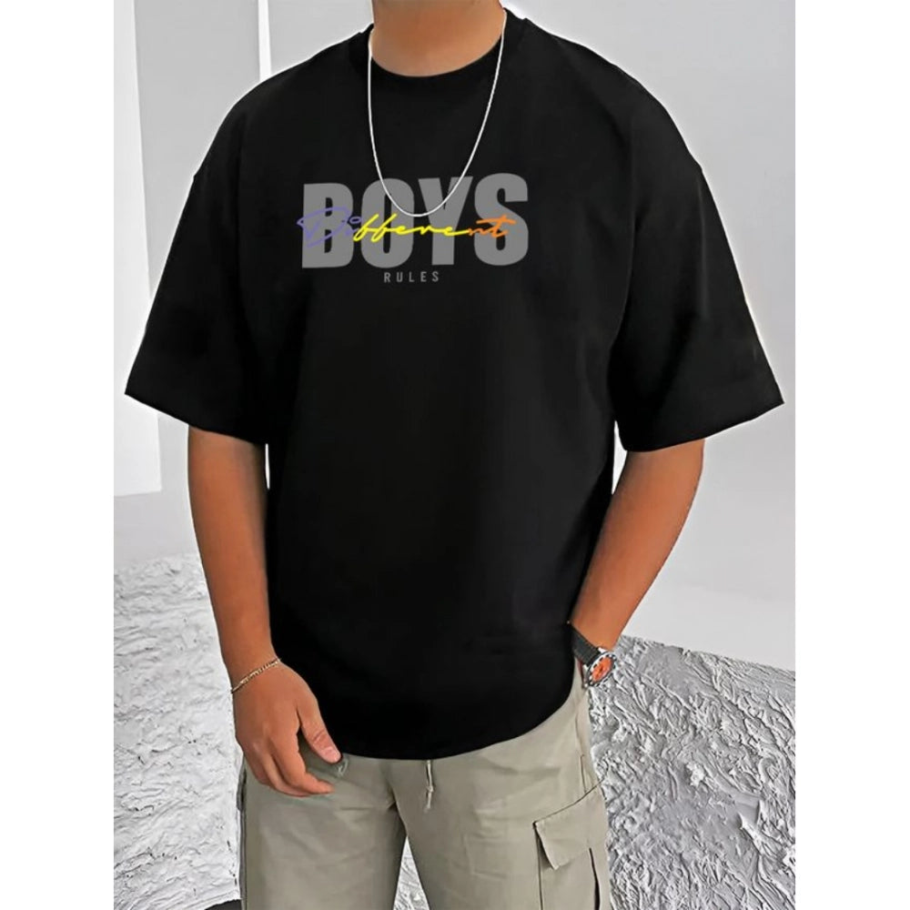 Men's Casual Cotton Blend Printed Round Neck Half Sleeve T-Shirt (Black)